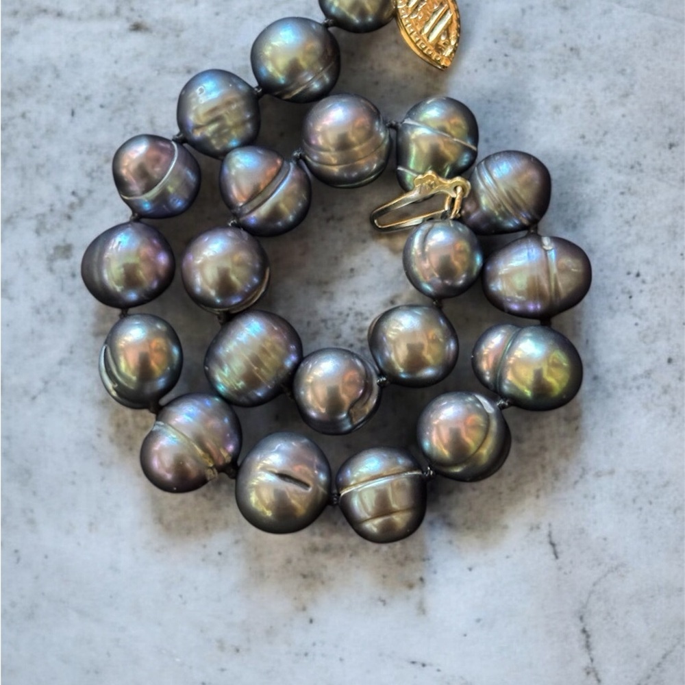 14k Gold Vintage Baroque Peacock Black Tahitian Pearl Bracelet Estate Jewelry